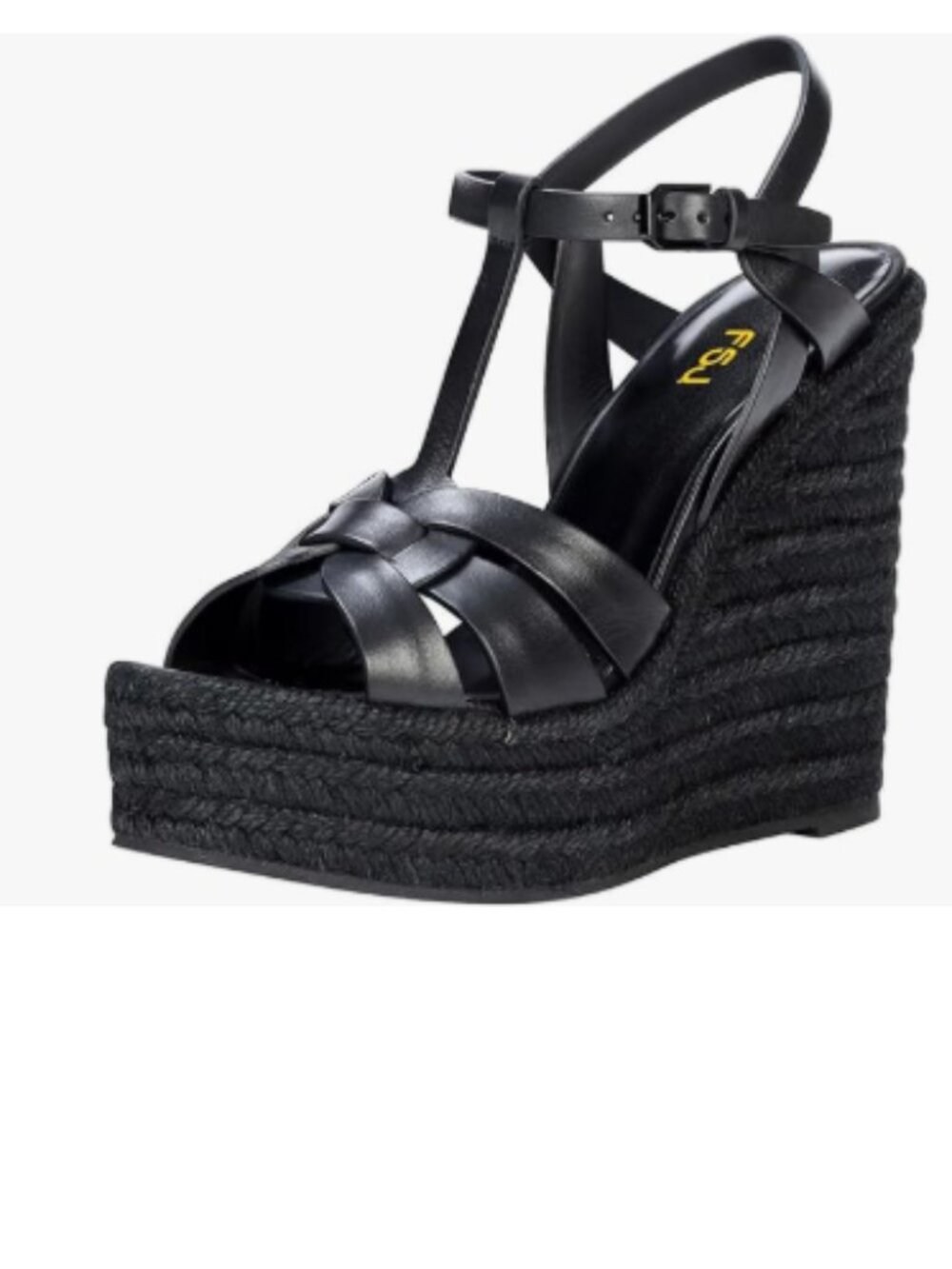 FSJ Black Open Toe Espadrille Platform Ankle Strap Wedge Woven Cutout Sandals